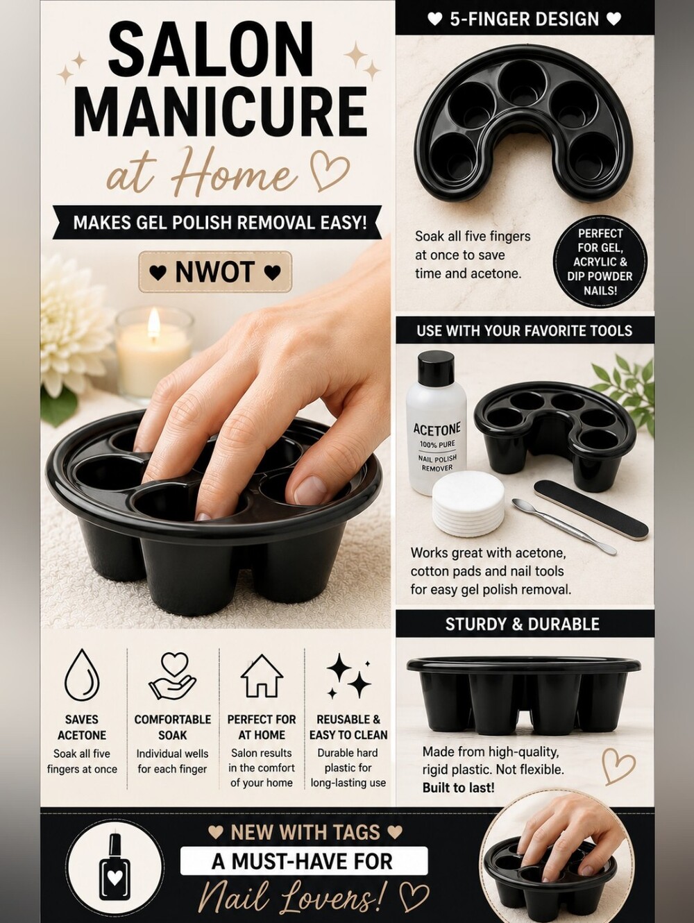 Black Nail Soak Bowl Set for Acrylic & Gel Polish Removal 2 Pc Manicure Tool